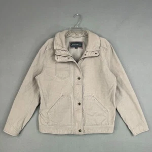 Eddie Bauer Jacket Womens XL Beige Corduroy Chore Barn Coat Buckle Back Outdoors - Picture 1 of 15