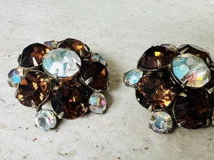 Vintage Loaded Sparkling Brown Smokey Topaz AB Crystal Clip-On Earrings Signed - Picture 1 of 11