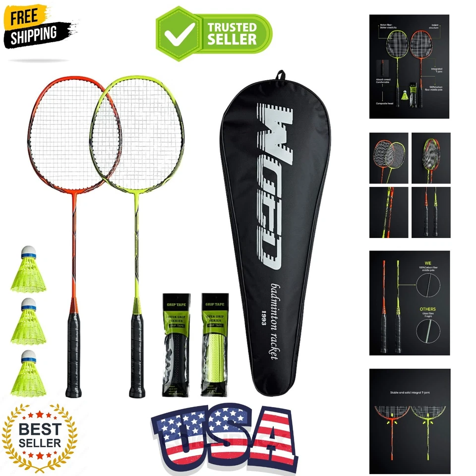 WOED Batens 2 Player Badminton Set Carbon Fiber Rackets Backyards Gym Outdoor