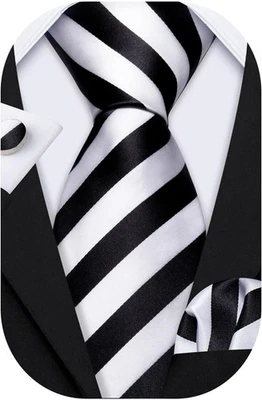 Juego de Corbatas Barry.Wang Hombre Rayas Tejido de Seda Cuadrado de Bolsillo Blanco y Negro  Foto 1 de 4