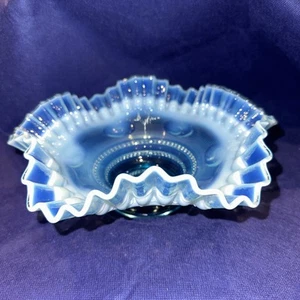 Antique Jefferson Glass Meander Pattern Astro Blue Opalescent 9” Crimped Bowl - Picture 1 of 5