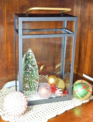 Large Black Metal Lantern Pillar Votive Candle Holder w/ Gold Handle - Image 1 of 3