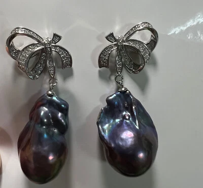 stunning   15-16mm tahitian baroque black blue pearl  pearl dangle earring 925s - Image 1 of 3