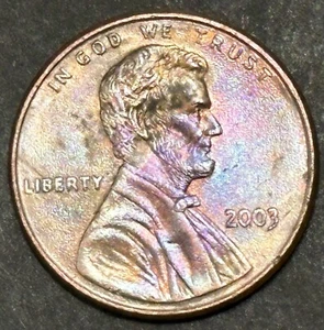 2003-P LINCOLN MEMORIAL CENT - BEAUTIFULLY RAINBOW TONED COIN - Picture 1 of 2