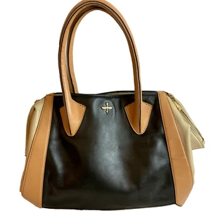 Pour La Victoire Large Leather Madison Satchel Tote Black/Tan - Picture 1 of 6