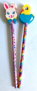 Lot Of 2 Vtg Lisa Frank Pencils With Big Eraser Tops BUNNY Rabbit & Baby CHICK! - Picture 1 of 5