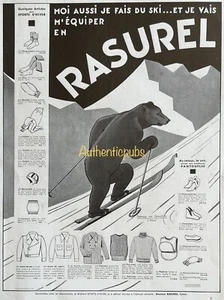 PUBLICITE RASUREL SOUS VETEMENTS OURS SKI NEIGE MONTAGNE DE 1935 FRENCH AD PUB - Picture 1 of 1