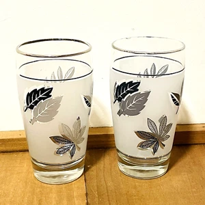 Libby Drinking Glass 2 Silver Leaf Tumbler Vtg 12 oz Frosted Replacement MCM - Picture 1 of 7