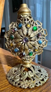 Vintage Czech bohemian Ormolu Perfume Bottle Glass Jewels No Top - Picture 1 of 10