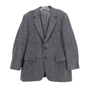 HARRIS TWEED Gray Herringbone Wool Blazer Sport Coat Red Blue Stripe Size 44R - Picture 1 of 9