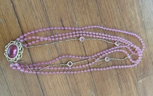 60s Pink Bead Necklace MCM Crystal Vintage Multi Strand Crystal Clasp - Picture 1 of 11