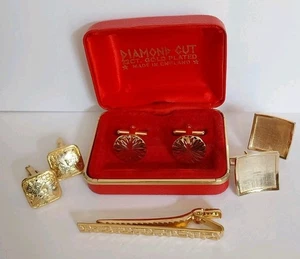 3 vintage gold cuff links and tie pin 22ct gold plated diamond cut - Picture 1 of 10