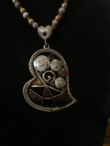 Vintage COPPER Large AMBER Earth Tone Rhinestone & Enamel HEART Shaped Necklace - Picture 1 of 8