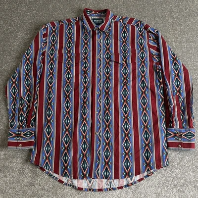 Vintage Wrangler Pearl Snap Shirt Mens Large Vibrant Aztec Western Cowboy 90s - Image 1 of 4