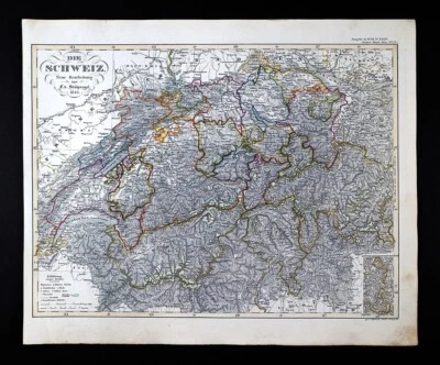 Mapa Stieler & Stulpnagel 1844 Suiza Ginebra Zurich Lucerna Basilea Berna Alpes Foto 1 de 4