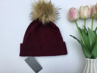 Gorro Nordstrom Rack 100% cashmere pele sintética chapéu pompom vermelho borgonha presente - Imagem 1 de 4