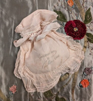 EDWARDIAN RUFFLED MUSLIN DRAWSTRING BAG W HAND EMBROIDERED NAME + DATE - Image 1 of 3