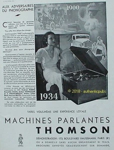 REKLAME THOMSON SPRECHENDE MASCHINEN PHONOGRAPH MUSIK VON 1934 FRANZÖSISCH AD PUB - Bild 1 von 1