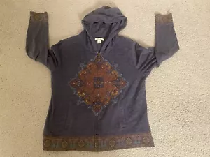 Lucky Brand Lucky Lotus Hoodie Womens XL Blue Full Zip Studded Sweatshirt Terry - Picture 1 of 9