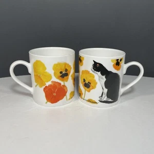 2 Royal Academy of Arts Bone China Mug Black & White Cat With Pansies Blackadder - Picture 1 of 10