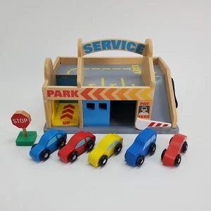 Melissa And Doug Wooden Service Station Parking Garage & 5 Vehicles Car Wash - Picture 1 of 12
