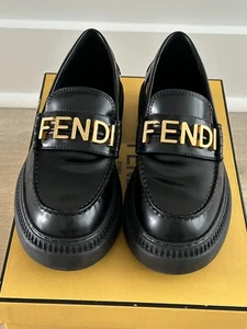 New Store Display Fendi Fendigraphy Black Leather Moccasin Platform Loafers 37.5 - Picture 1 of 11