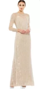 Maxi abito da sera tubino manica lunga paillettes champagne Mac Duggal taglia 12 nuovo con etichette - Foto 1 di 8