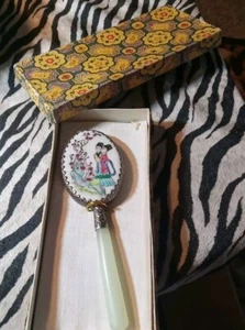 Espejo de mano vintage de porcelana inciso y pintado a mano diseño japonés con caja - Imagen 1 de 8