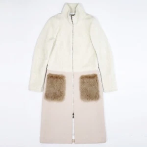 DROMe Fitted Shearling Mixed Media Long Coat Jacket Fur Pocket RACCAGNI Zip S-M - Picture 1 of 11