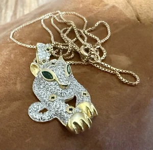 Fuzion Creations Zircon Emerald Eyes Jaguar Pendant Gold Vermeil 925 Necklace - Picture 1 of 13
