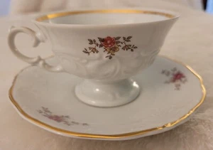 Vintage Walbrzych Poland Footed Tea Cup & Saucer Floral, Gold Rim - Picture 1 of 5