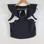 Asos womens blouse top size 14 black short sleeve round neck ruffle zip 034612