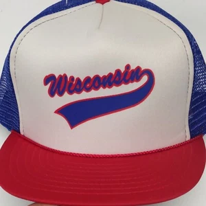 New Vintage San Sun Trucker Hat Cap Wisconsin Snapback Mesh Red White Blue - Picture 1 of 5