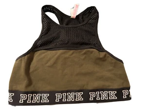 PINK Victoria's Secret Crop Top Bra Athletic Yoga Olive Green M Racerback Mesh - Picture 1 of 9