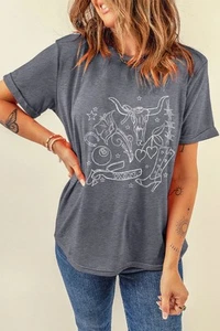 Cowgirl Boots OX Head Western Graphic Crewneck Tee - Picture 1 of 5