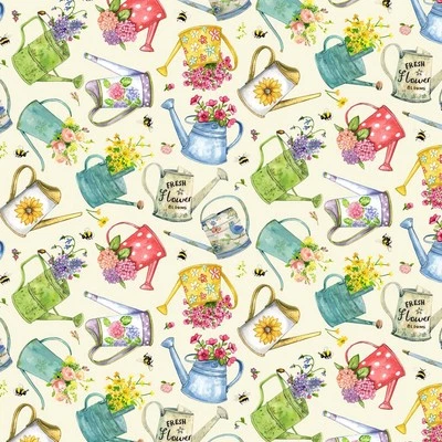 Fat Quarter Michael Miller Watering Can Gardening Floral 100% Cotton Fabric - Image 1 of 4