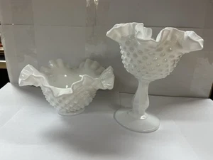 Pair Vintage Fenton Hobnail Milk Glass Compote & Candy Dish Ruffled Edges - Picture 1 of 10
