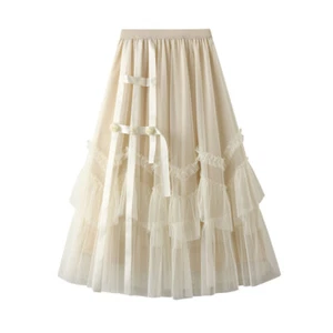 Women Ruffled Mesh Skirt Satin Ribbon Patchwork Swing Tulle Midi Tutu Skirt Chic - Picture 1 of 15