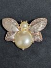 Butterfly Faux Pearl Cabochon, Aurora Borealis Rhinestone Vintage Brooch. Signed