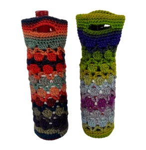 HANDMADE CROCHET Bottle Bags x 2 Wine Water Drink Handles Height 30cm - Picture 1 of 6