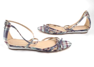 New J CREW 8 Cary Mini Wedge Sandals Plaid Purple Green Blue Strappy Silver Trim - Picture 1 of 7