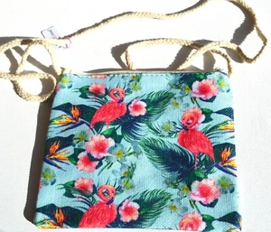 NEW Flamingo print zipped natural cord body cross handbag purse tropical summer - Picture 1 of 2