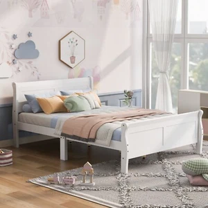 Queen Size Wood Platform Bed with Headboard and Wooden Slat Support (White) - Picture 1 of 11
