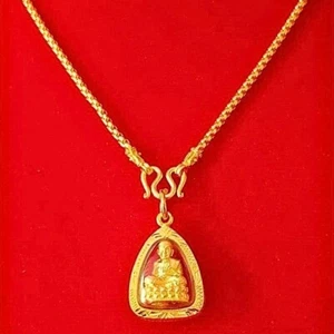 Amulett Luang Pu Thuat Anhänger + Halskette Thai Baht Gelbgold vergoldet Schmuck - Bild 1 von 5