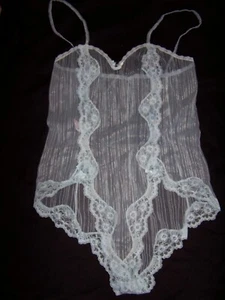 Vtg Blush - Baby Blue Ribbed Sheer Lace Teddy Snaps In Crotch Made In USA Size M - Picture 1 of 4