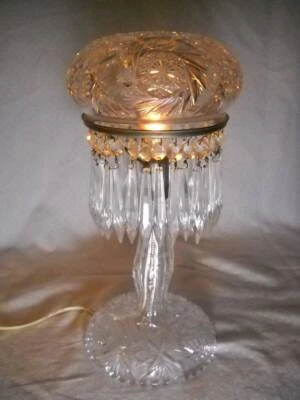 American Brilliant Period Cut Glass Boudoir Lamp Dome Mushroom Shade w/ Prisms - Image 1 of 4
