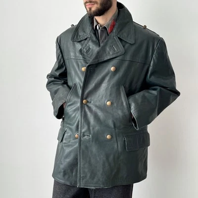 Jaqueta de couro vintage anos 50 pós-Segunda Guerra Mundial alemã despacho pilotos peito duplo - Imagem 1 de 4