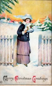 CHRISTMAS - Young Woman With Muff Postcard - Picture 1 of 2