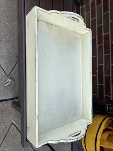 Vtg Distressed Whitewashed Wood Serving Decorative Tray w/Cutout Handles - Picture 1 of 6