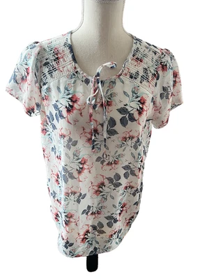 DOWNEAST S MULTICOLOR FLORAL SEMI TRANSPARENTE BLUSA CORTA SLVS POLI LAVADO MACH Foto 1 de 4